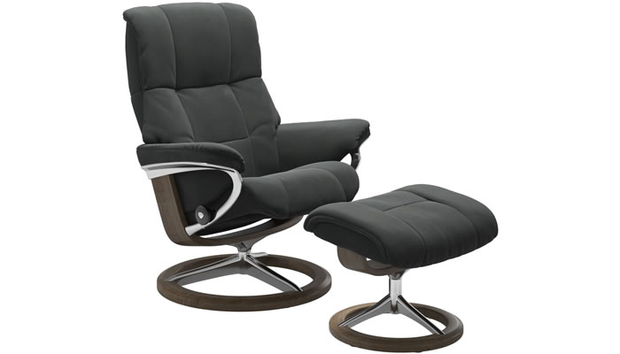 Stressless Mayfair Recliner with Signature Base and Stool in Begonia Charcoal Fabric